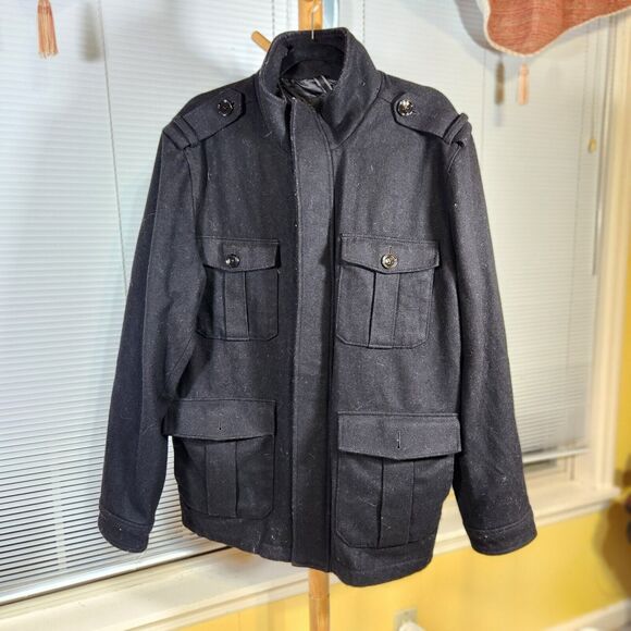 Express XL $150 Wool Military Stand Collar Overcoat Jacket Dark Academia - Picture 1 of 9